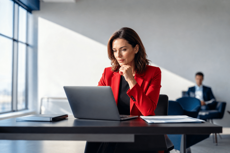 Business leader in a red blazer reviewing information on a laptop in a modern office.